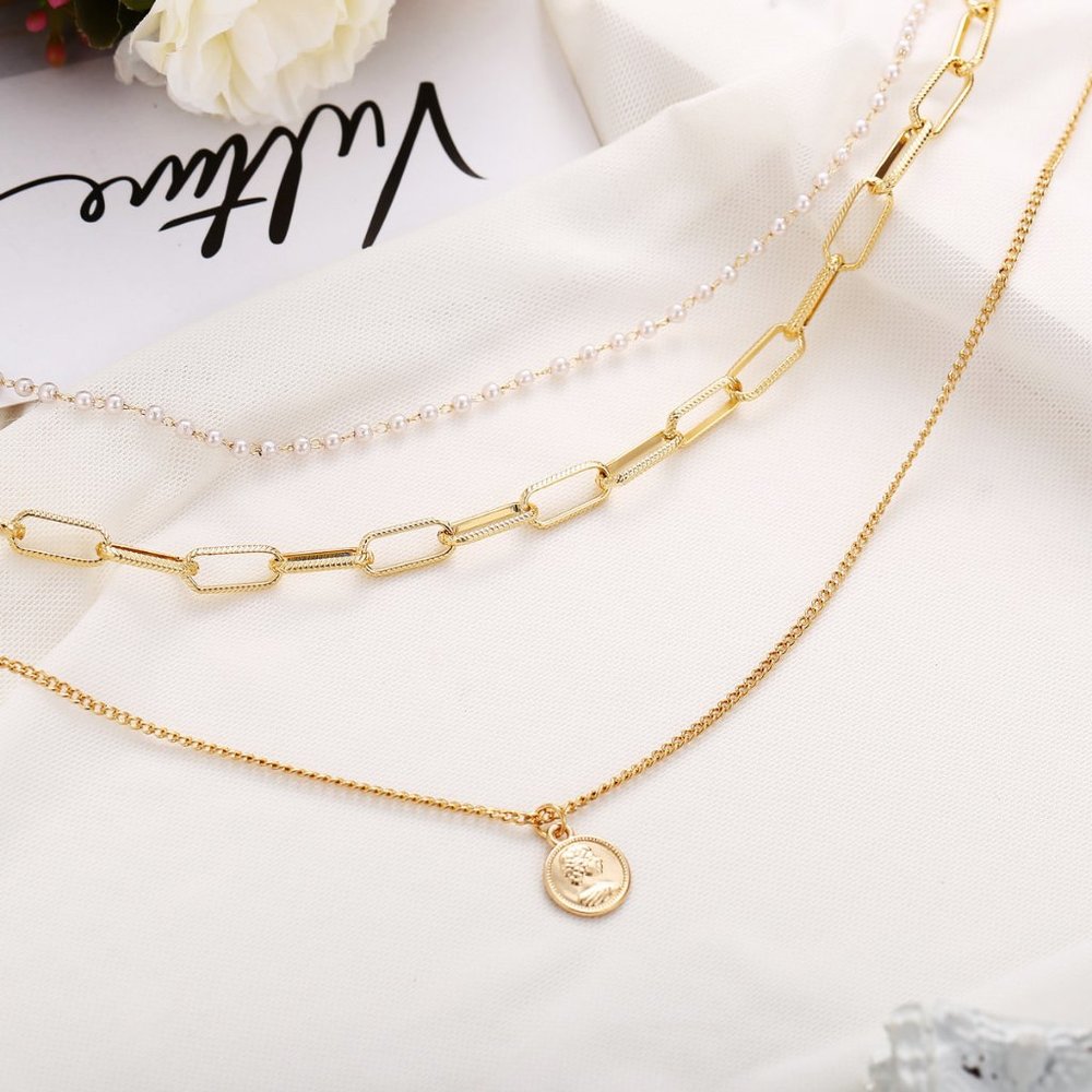 NEW Gold Triple Layer Coin Chain Pearl Necklace - Picture 3 of 9